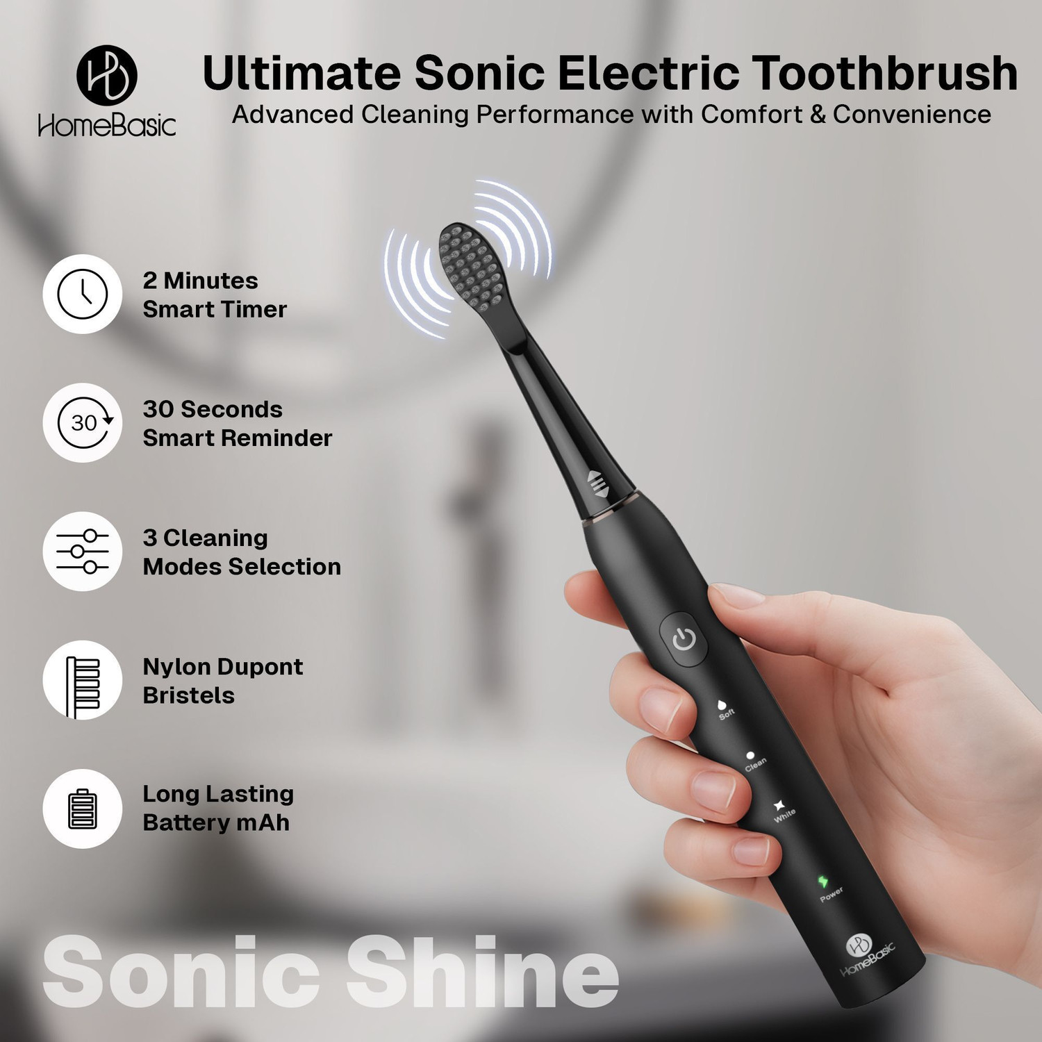 Image of HOMEBASIC Sonic Shine 6 Dupont Brush Heads, 3 Modes, USB-C, IPX7 Waterproof Electric Toothbrush