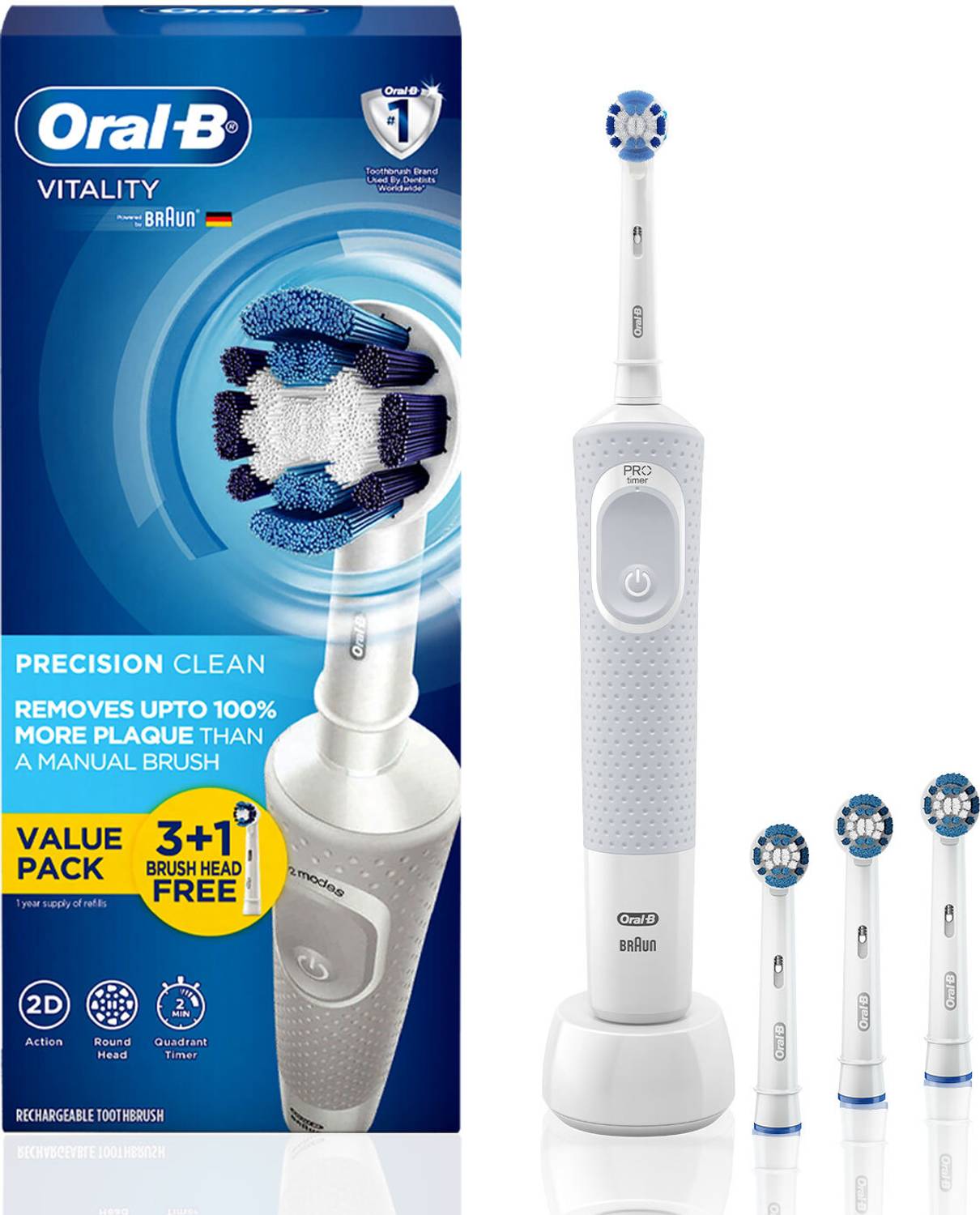 Oral-B Vitality Electric Toothbrush, 4 Brush Heads, 2 Modes, 2-Min