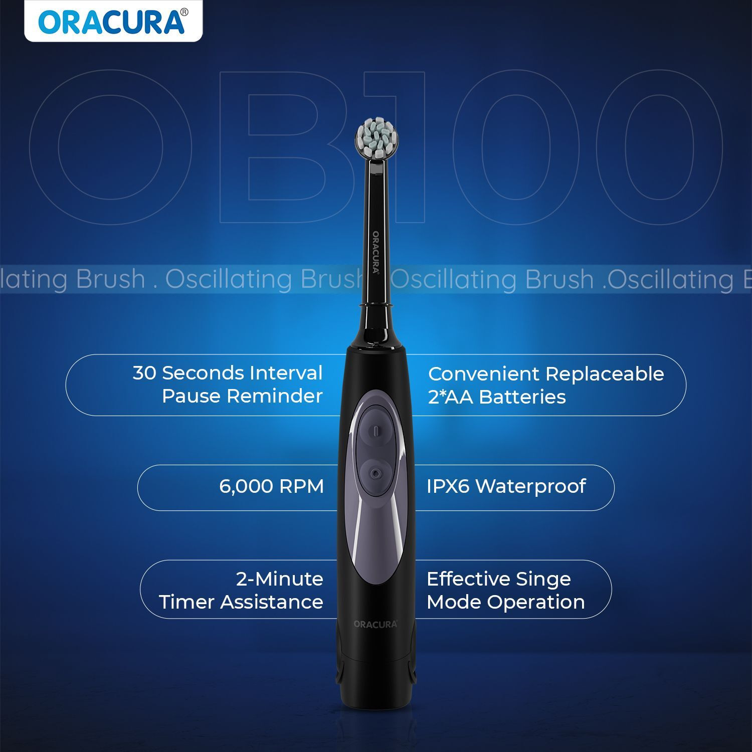 Image of ORACURA OB100 Oscillating Battery Operated Electric Toothbrush | 6000 Strokes /Min Electric Toothbrush