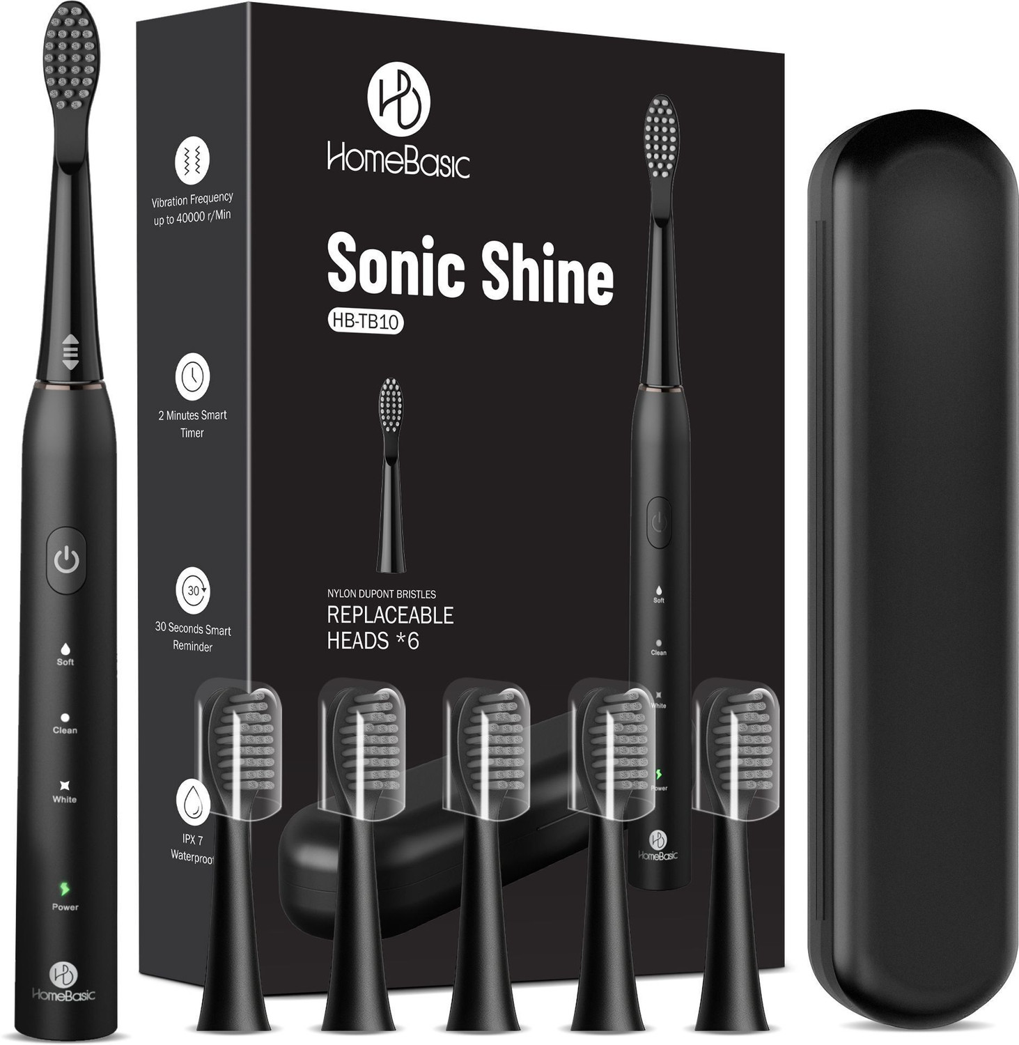 Image of HOMEBASIC Sonic Shine 6 Dupont Brush Heads, 3 Modes, USB-C, IPX7 Waterproof Electric Toothbrush