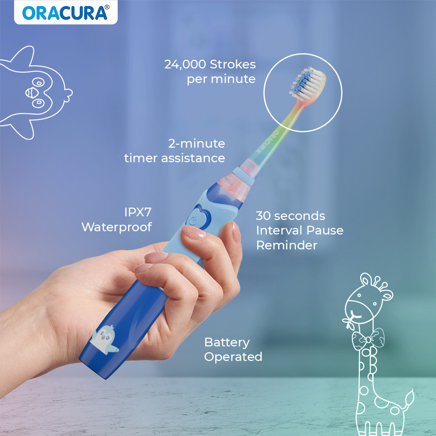 Image of ORACURA KSB100 Sonic Kids Battery Operated Electric Toothbrush | 24,000 Strokes /minute Electric Toothbrush
