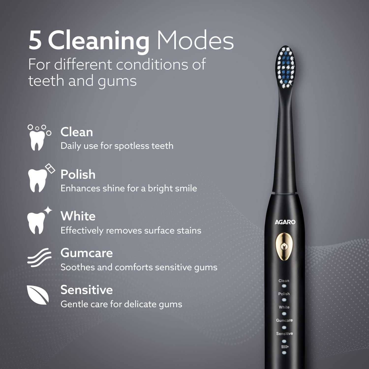 Image of AGARO COSMIC LITE Sonic Electric Tooth Brush For Adults With 5 Modes, 2 Brush Heads Electric Toothbrush