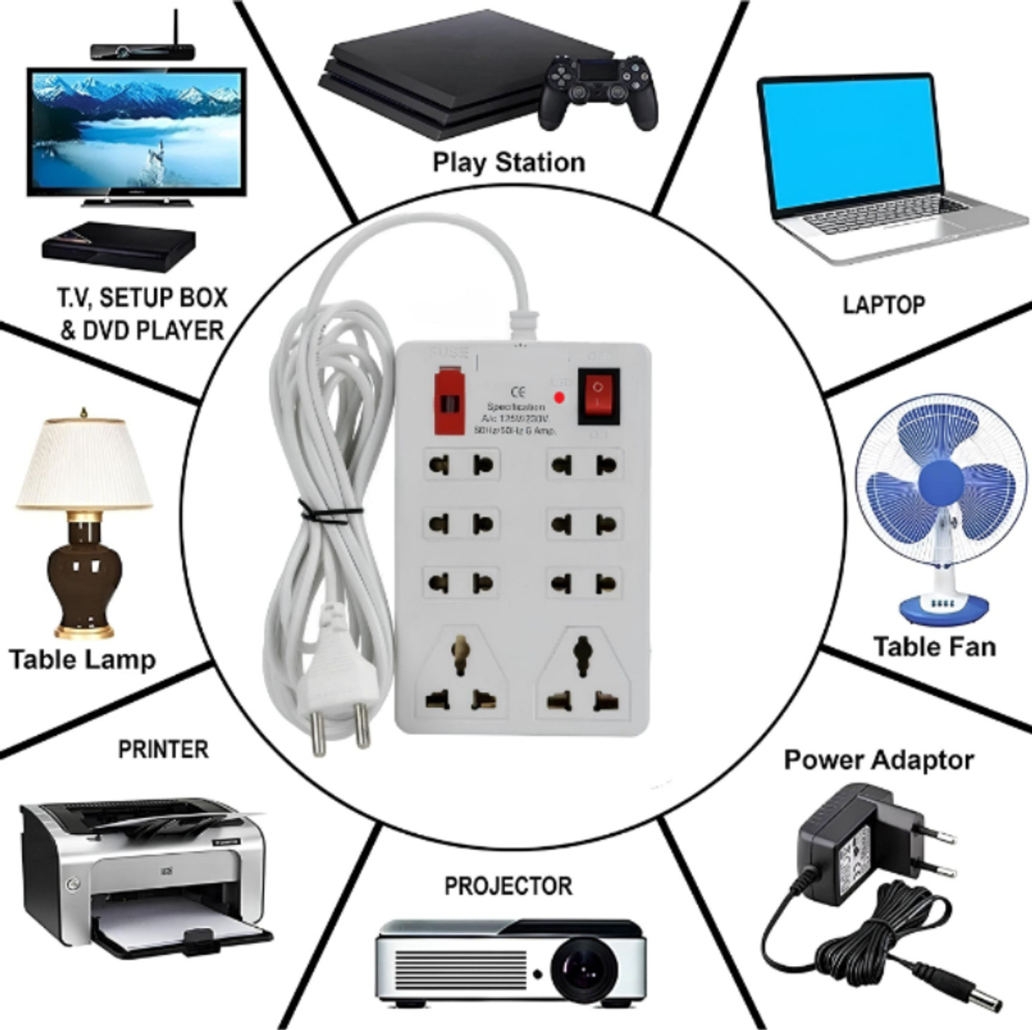 Image of LifoDora Pin Extension Board Flex Box 3 Meter Power Cable 8 Socket Extension Boards Ch26 Electrical Fuse