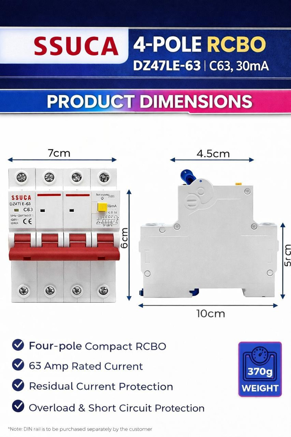 Image of SSUCA 4 Pole RCBO 63A 3 Phase Circuit Breaker | Overcurrent & Short Circuit Protection DZ47LE-63 MCB