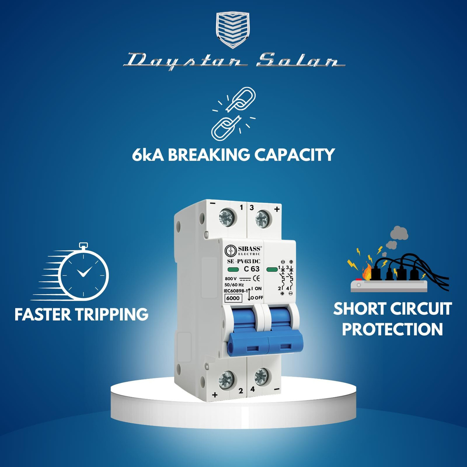 Image of DAYSTAR SOLAR DC MCB 63A 2POLE 800V SIBASS-ELECTRIC DC MINIATURE CIRCUIT BREAKER (SE-PV63) MCB