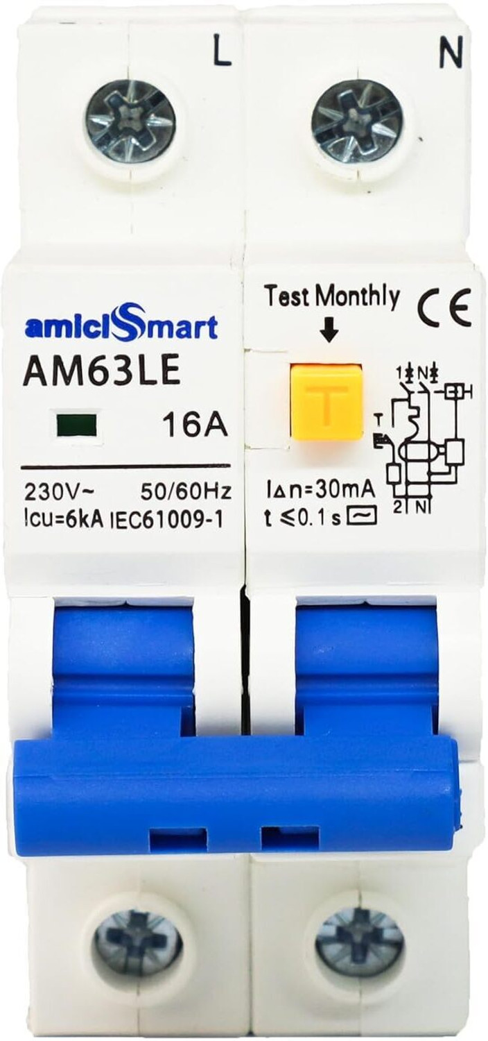 Image of amiciSmart 16A RCBO, 220V Residual Current Circuit Breaker with Over Current Shock Proof, with On /Off Switch for Leakage Protection MCB
