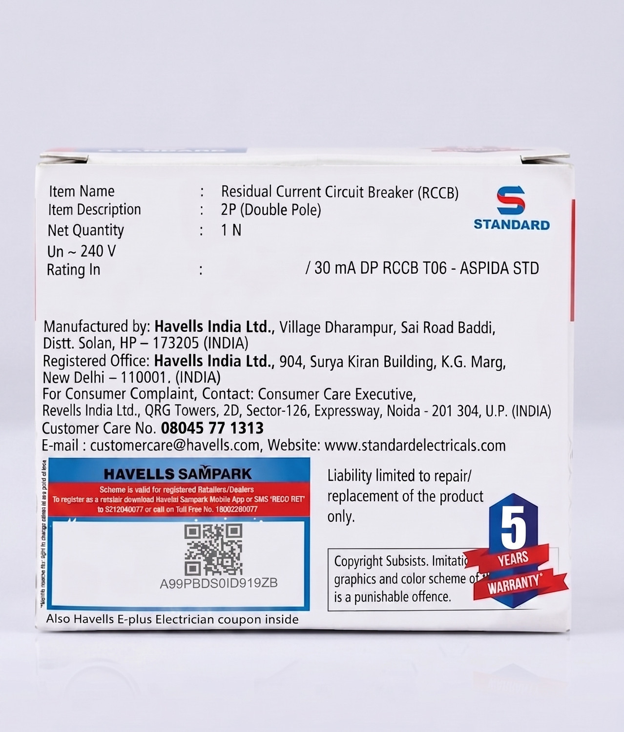 Image of HAVELLS STANDARD 40AMP DP RCCB 30MA 40AMP MCB
