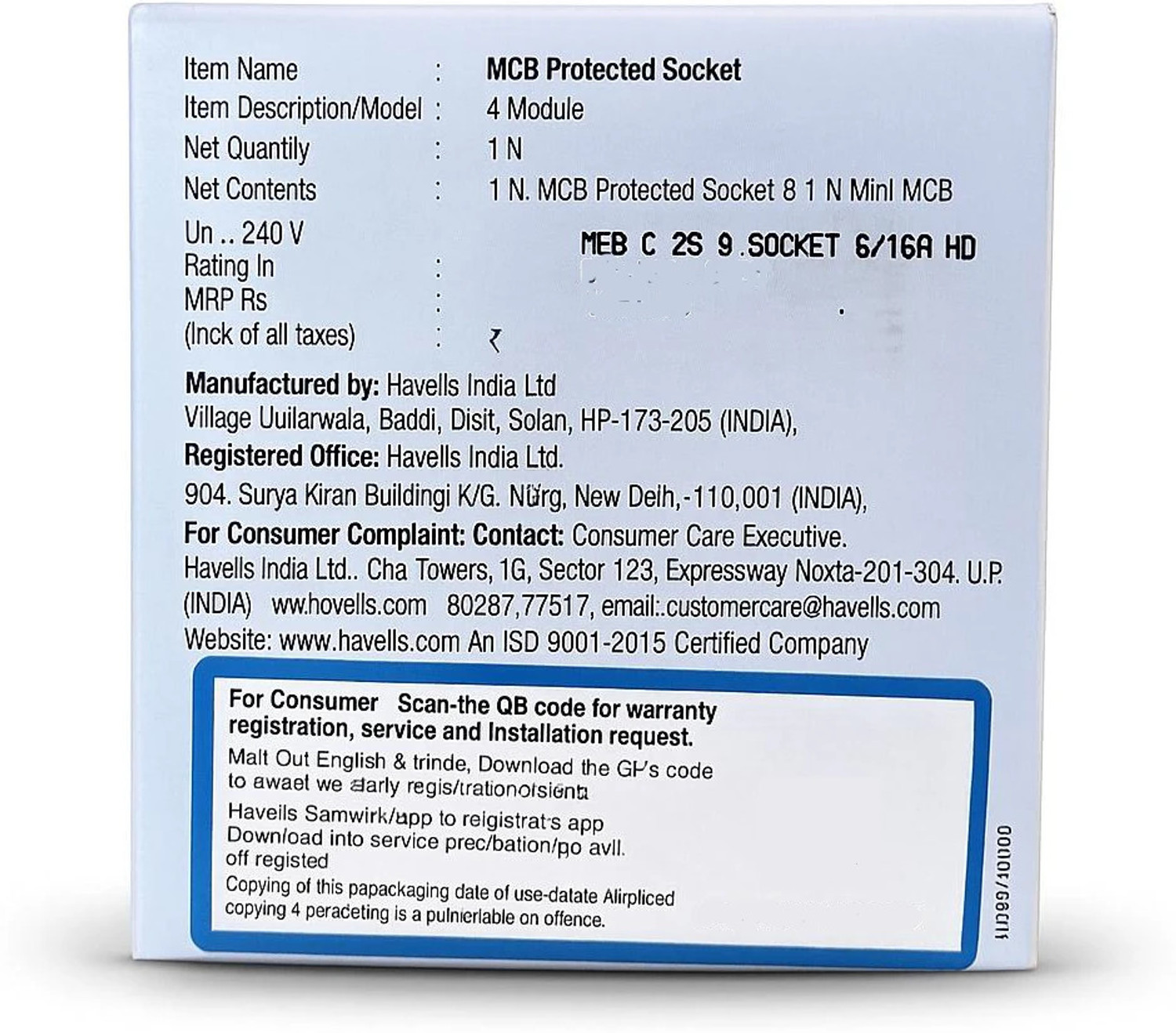 Image of HAVELLS DBOXX PROTECTED SOCKET DHDMCSN0251025-Pk1 MCB