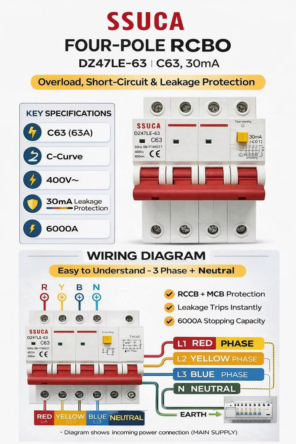 Image of SSUCA 4 Pole RCBO 63A 3 Phase Circuit Breaker | Overcurrent & Short Circuit Protection DZ47LE-63 MCB