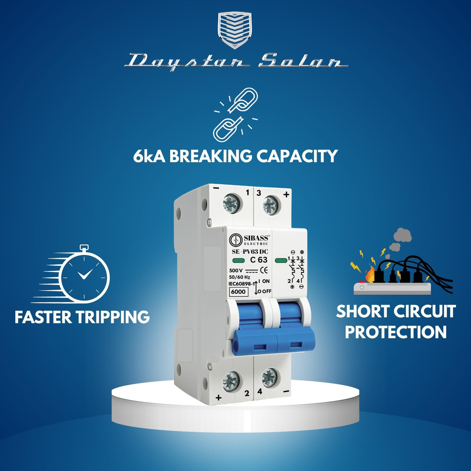 Image of DAYSTAR SOLAR DC MCB 63A 2POLE 500V SIBASS-ELECTRIC DC MINIATURE CIRCUIT BREAKER (SE-PV63) MCB