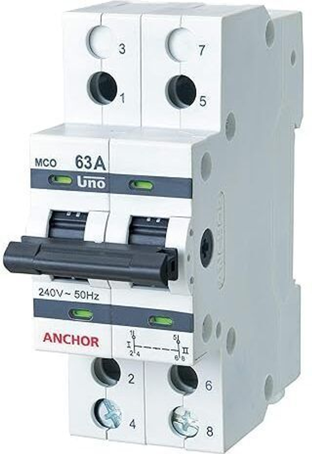 Image of Anchor By Panasonic UNO Series 63 Ampere Dual Pole Change Over Switch Circuit Breaker | 63 Amp MCB for Home, Office, Hospital, Factoy MCB