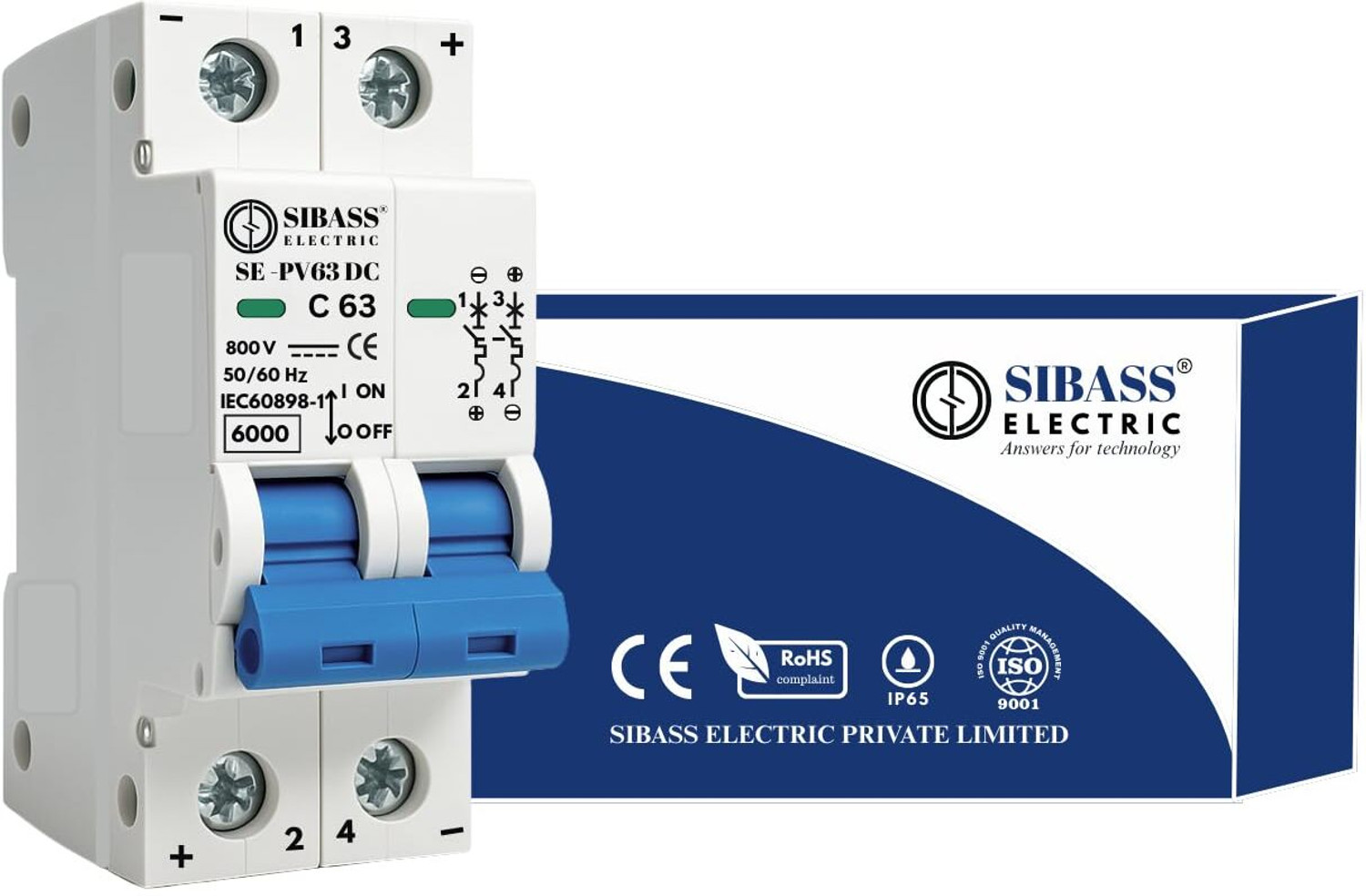 Image of DAYSTAR SOLAR DC MCB 63A 2POLE 800V SIBASS-ELECTRIC DC MINIATURE CIRCUIT BREAKER (SE-PV63) MCB