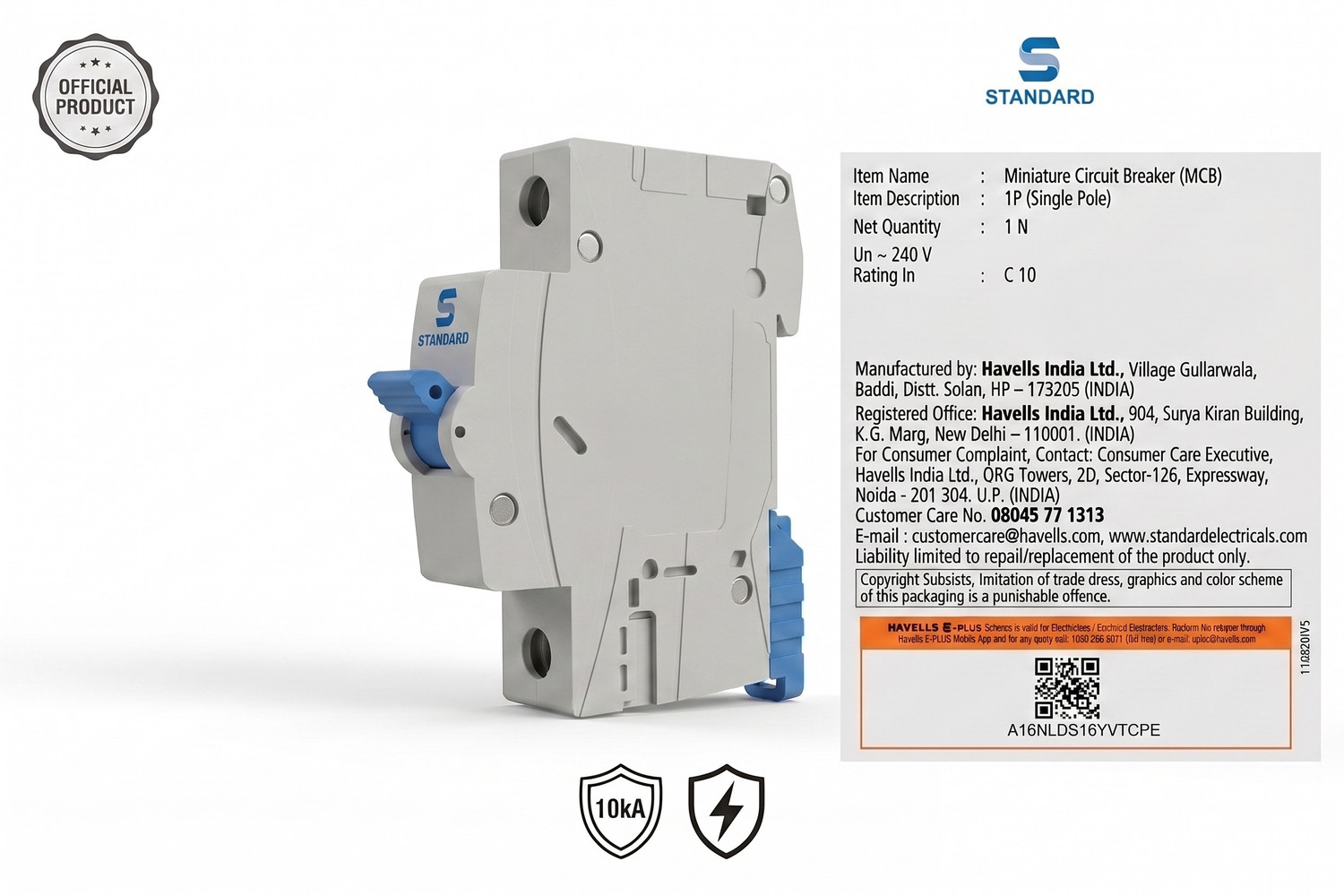 Image of HAVELLS STANDARD 16AMP SP C MCB 10KA 16C16 MCB