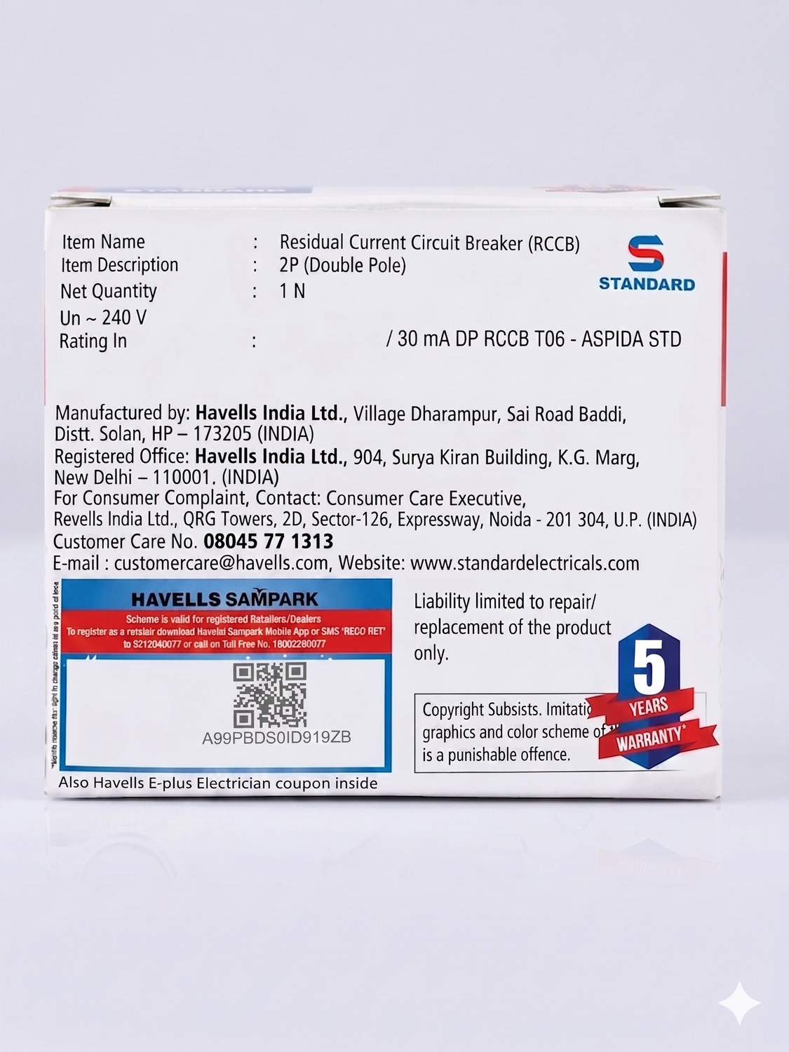 Image of HAVELLS STANDARD 63A 30MA DP RCCB 63A MCB