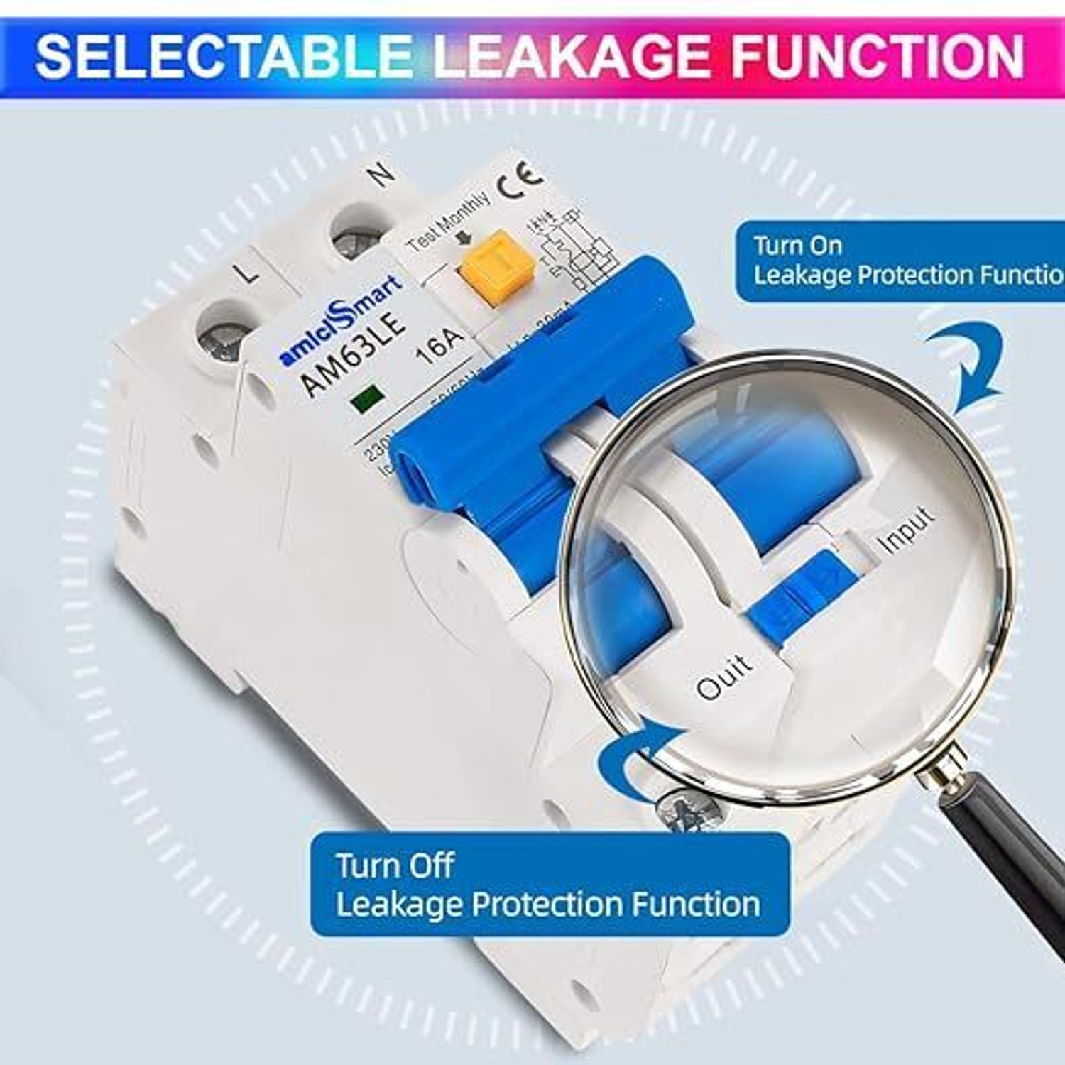 Image of amiciSmart 16A RCBO, 220V Residual Current Circuit Breaker with Over Current Shock Proof, with On /Off Switch for Leakage Protection MCB