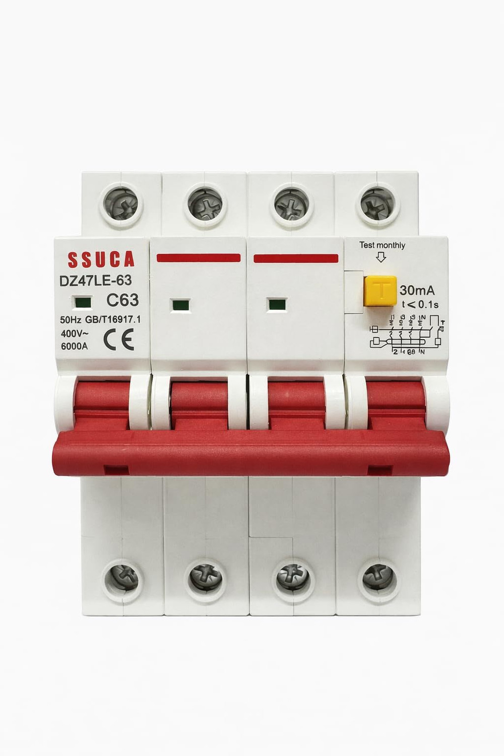Image of SSUCA 4 Pole RCBO 63A 3 Phase Circuit Breaker | Overcurrent & Short Circuit Protection DZ47LE-63 MCB