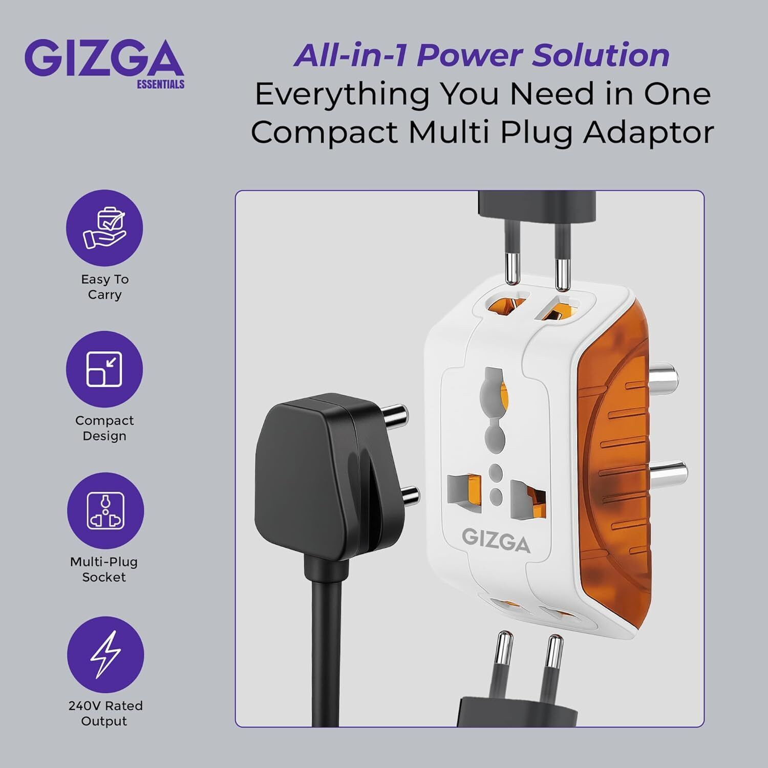 Image of Gizga Essentials 3 Pin Multi Plug Socket | Universal Adapter with Compact Design, (Pack of 2) 6 A Three Pin Socket