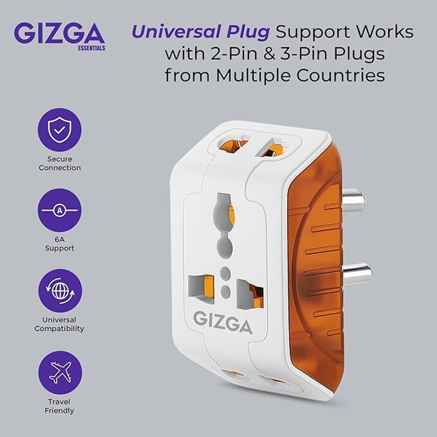 Image of Gizga Essentials 3 Pin Multi Plug Socket | Universal Adapter with Compact Design, (Pack of 2) 6 A Three Pin Socket
