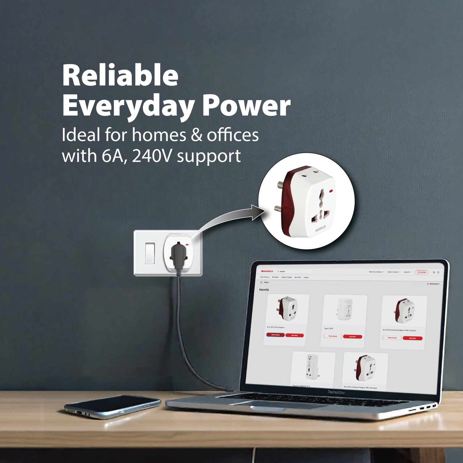 Image of HAVELLS 6A 3 pin Universal Adaptor ( ind) 6 A Three Pin Socket
