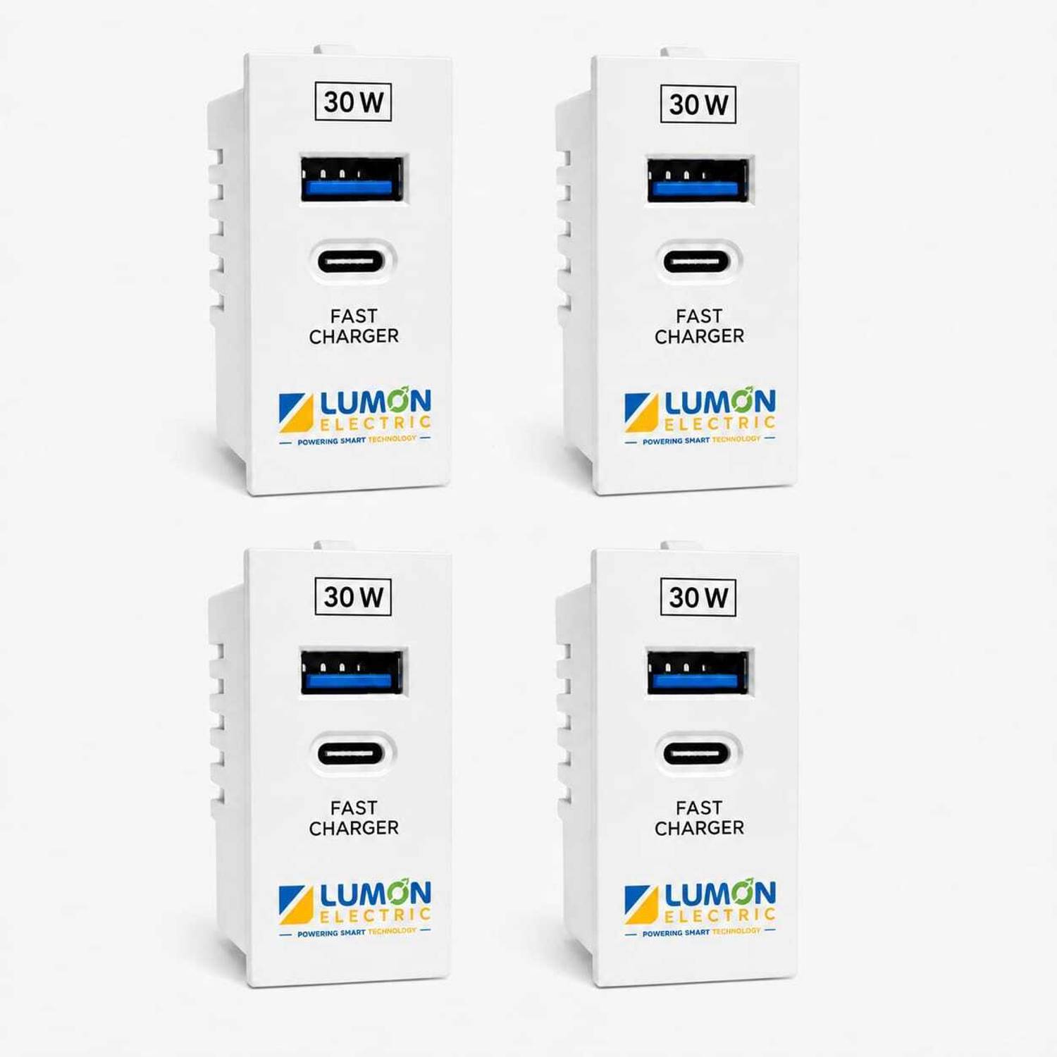 Lumon 30W Fast Charger Wall Socket Module | Dual Port USB + Type-C | Smart Charging 2.5 A Two Pin Socket
