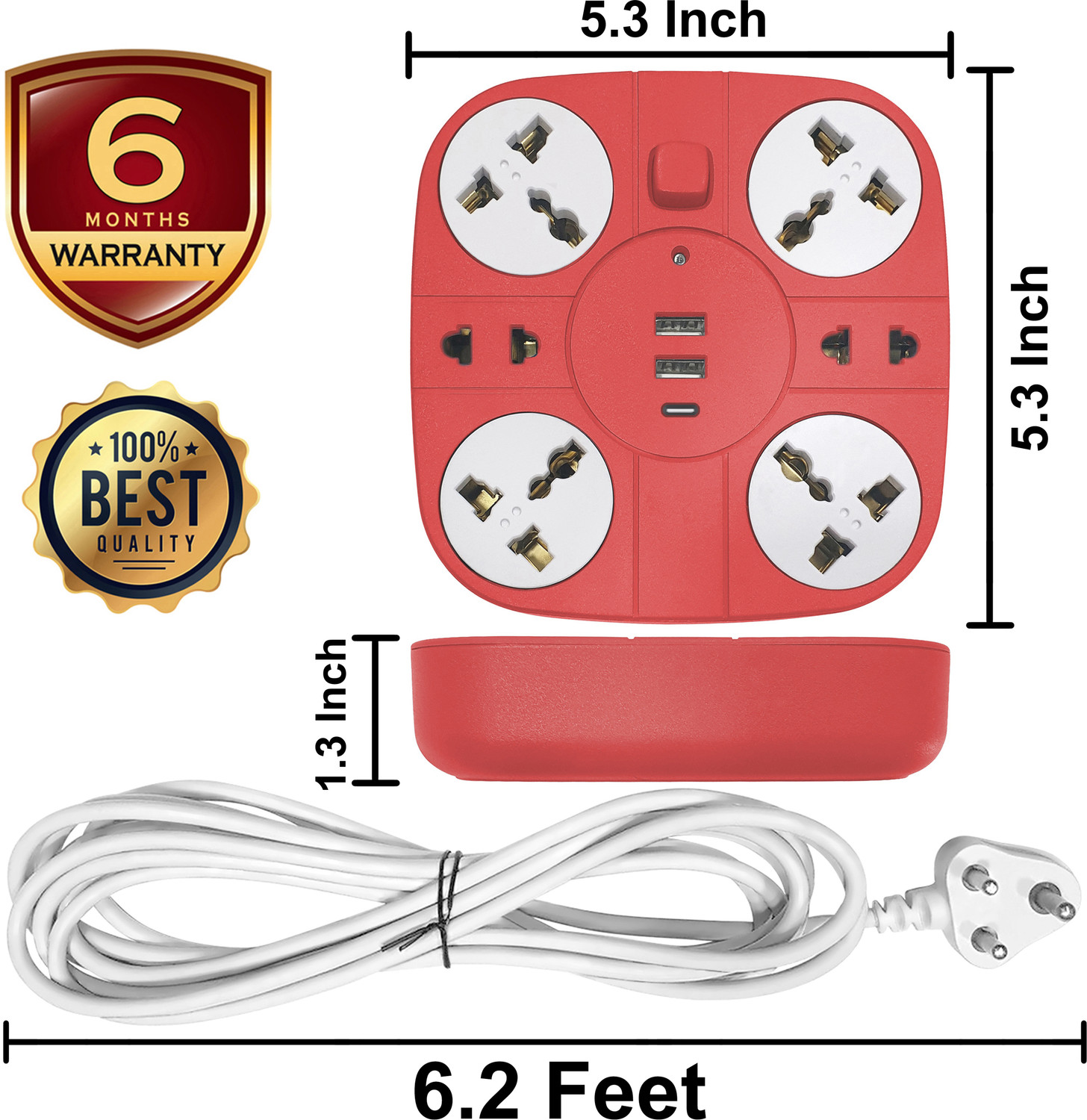 Image of Axmon Extension Cord with 2 USB Charging Ports and 6 Socket - 10 Amp Heavy Duty Multiplug Extension Board for Multiple Devices Smartphone Tablet Laptop Computer - Red 10 A Six Pin Socket