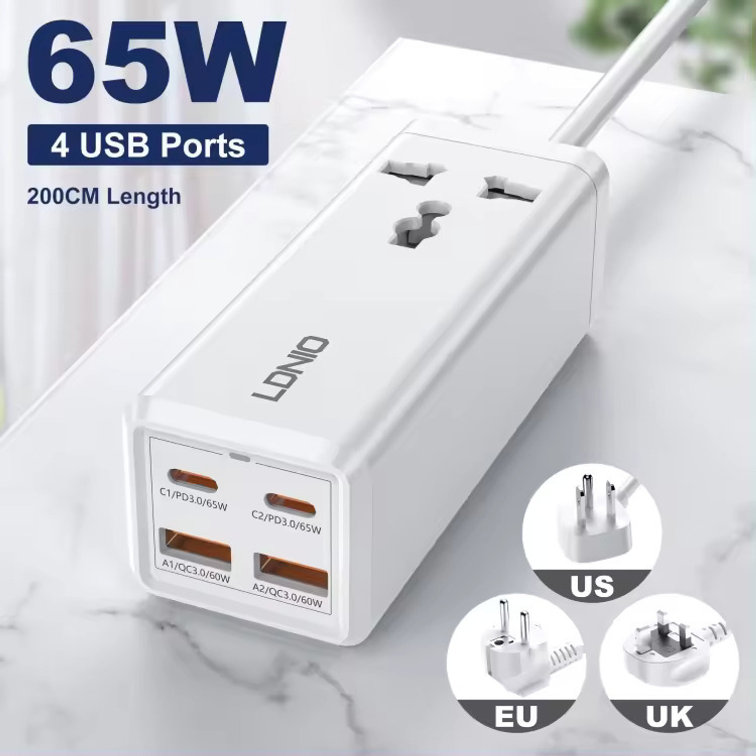 Image of FLUDDER 5 in 1 Super Charger 65W 2 USB Ports, 2 PD Type C Ports with 1 Power Socket 15 A Five Pin Socket