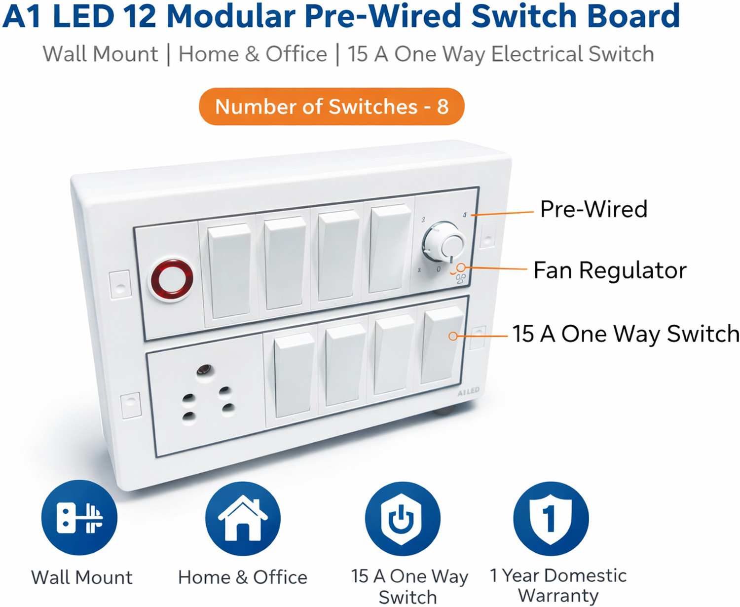 Image of A1 LED A1 LED 12 Modular Pre-Wired Switch Board | Wall Mount | Home & Office 15 A One Way Electrical Switch