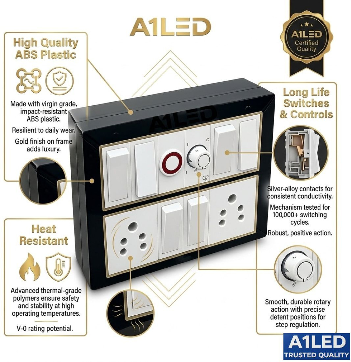 Image of A1 LED 12 Modular Black Gold Switch Board 6 Switch 2 Socket Regulator Indicator 10 A One Way Electrical Switch