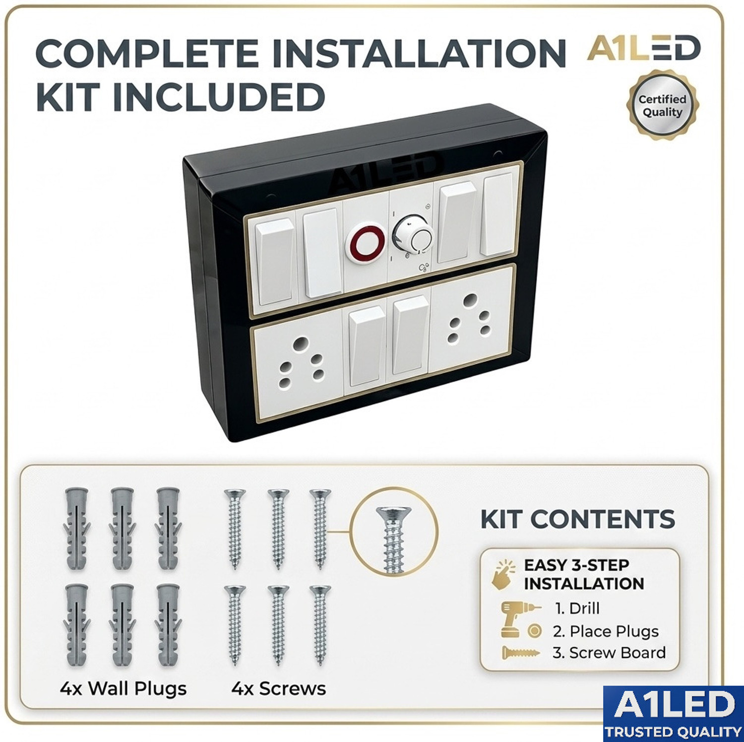 Image of A1 LED 12 Modular Black Gold Switch Board 6 Switch 2 Socket Regulator Indicator 10 A One Way Electrical Switch