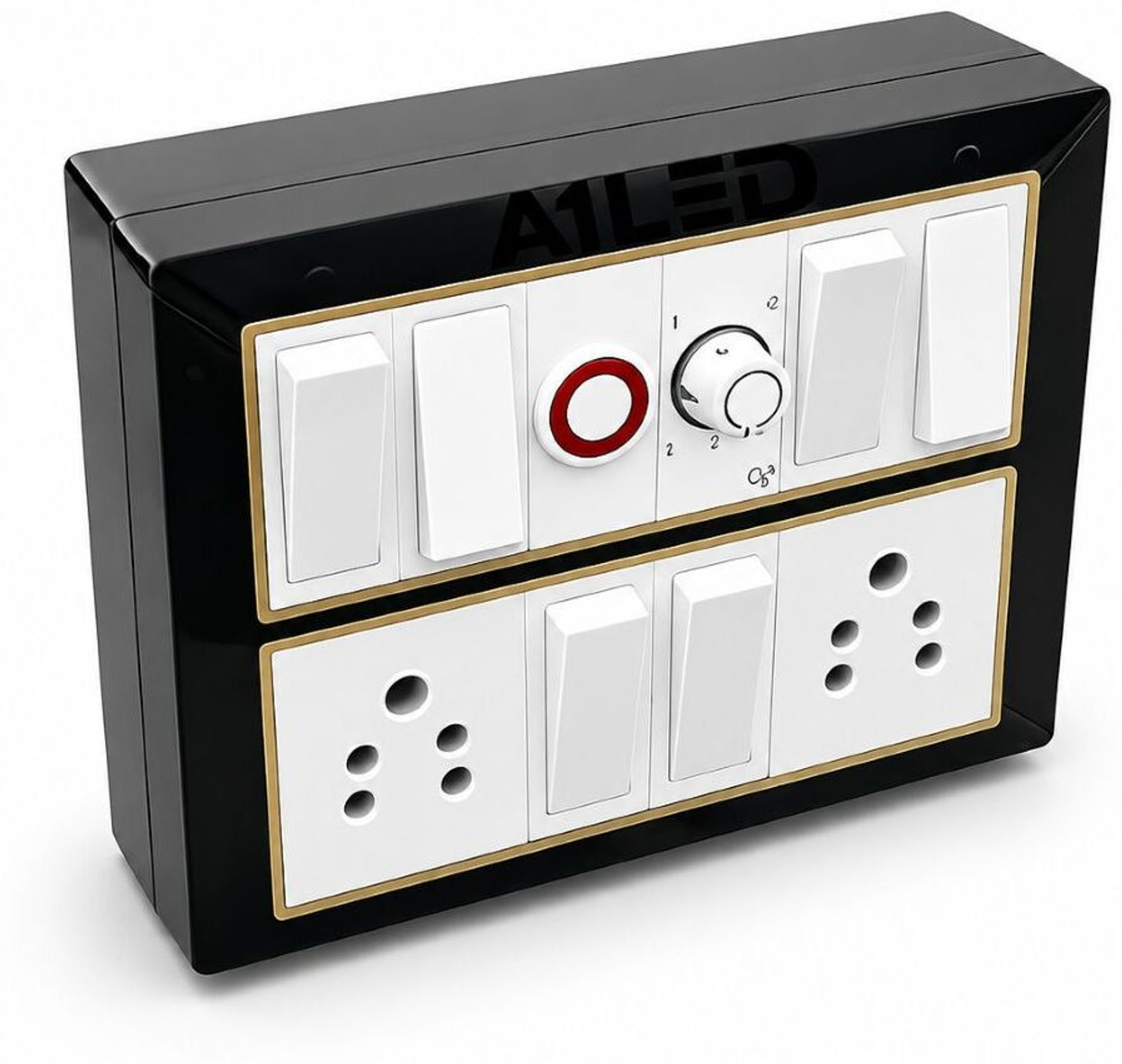 Image of A1 LED 12 Modular Black Gold Switch Board 6 Switch 2 Socket Regulator Indicator 10 A One Way Electrical Switch