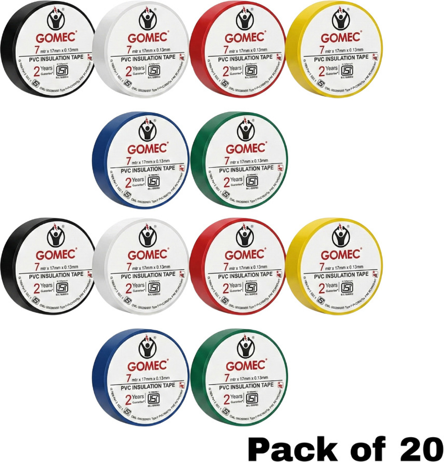 Image of GOMEC PVC Tape Self Adhesive Electrical Insulation Tape | 7mx17mmx0.13mm(pack of 20) Assorted