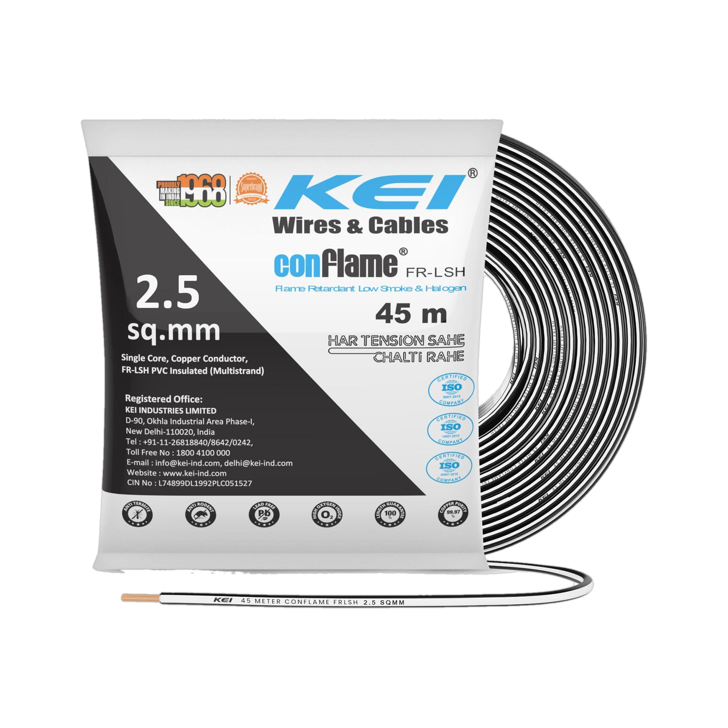 Image of KEI Conflame FRLSH,99.97% Pure Copper Conductor FRLSH PVC Insulated 2.5 Sq /mm Black 45 m Wire