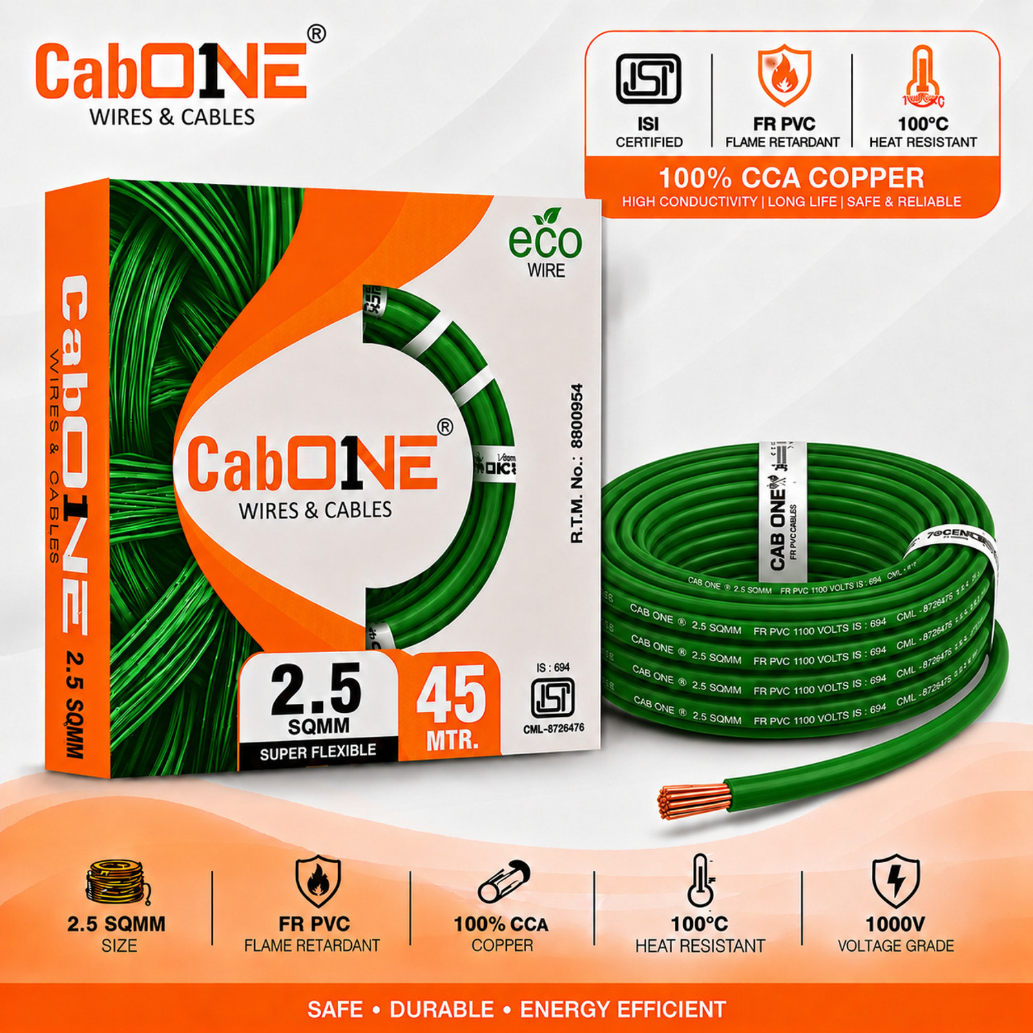 Image of CabONE Lite 2.5 Sqmm Electrical Wire|45M|Single Core|Copper|FR PVC Insulation Domestic 2.5 sq /mm Green 150 ft. Wire
