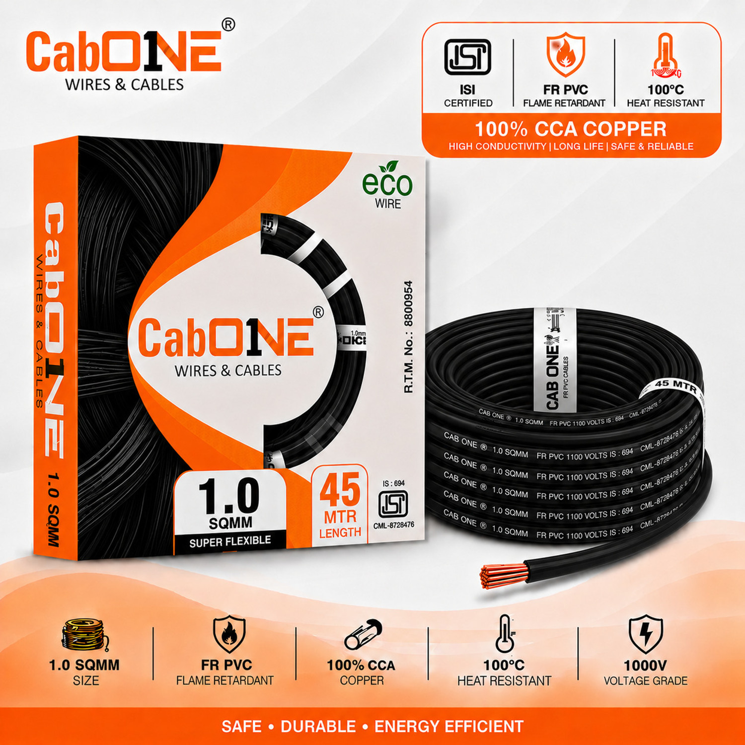 Image of CabONE Lite 1.0 Sqmm Electrical Wire|45M|Single Core|Copper|FR PVC Insulation Domestic 1 sq /mm Black 150 ft. Wire