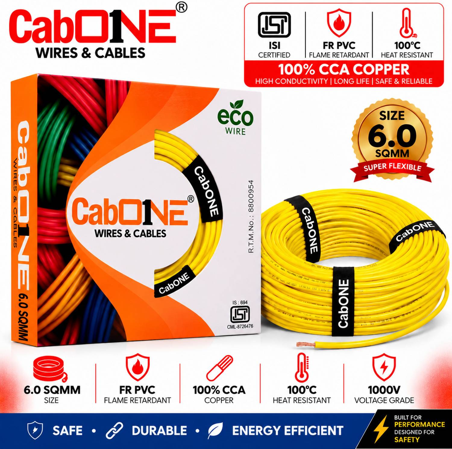 CabONE Premium Copper 0.75mm|90m|HFFR PVC Insulated Cable|Electrical House Wiring Cable 0.75 sq/mm Yellow 300 ft. Wire