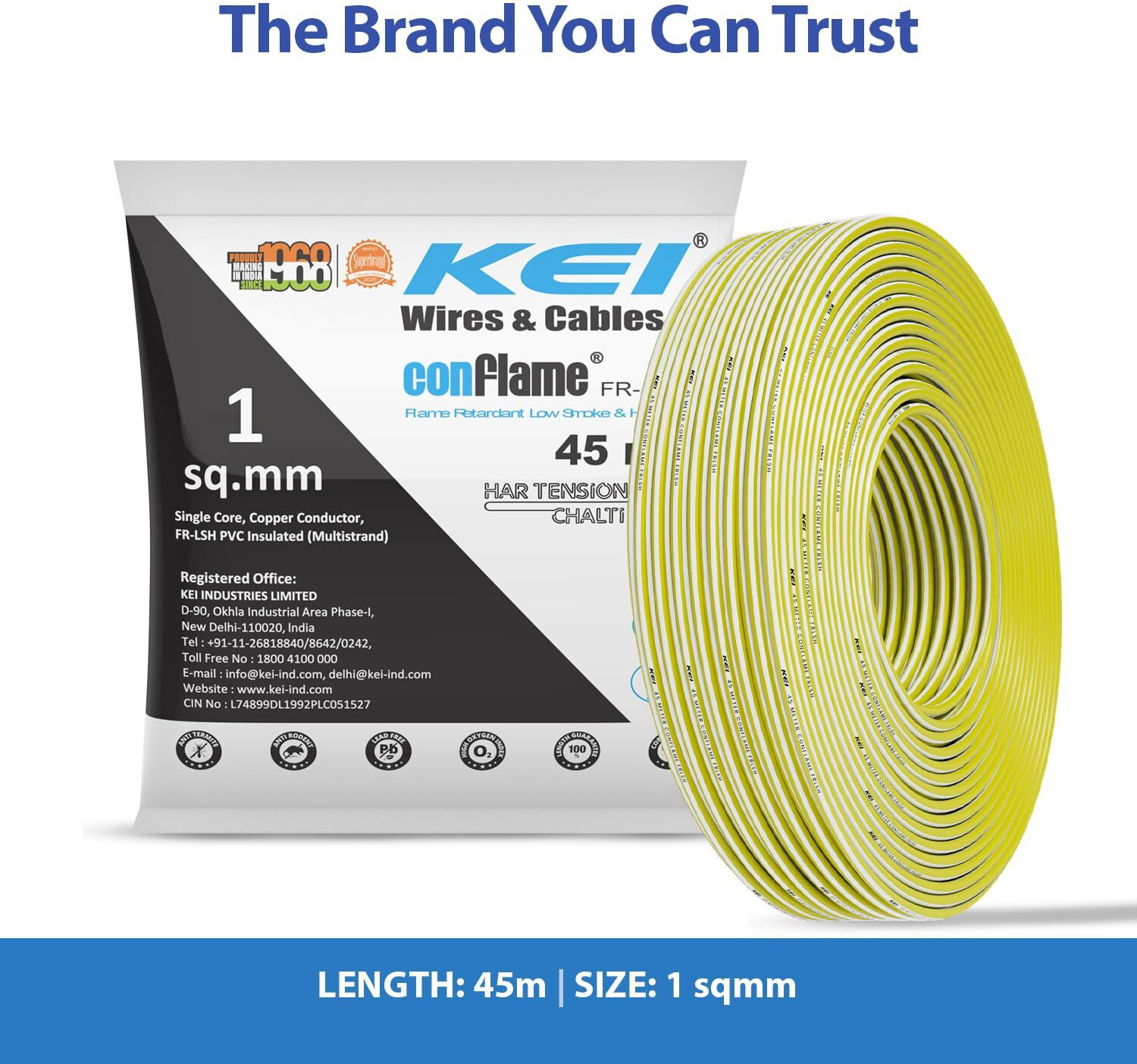 Image of KEI Conflame FRLSH,99.97% Pure Copper Conductor FRLSH PVC Insulated 1 Sq /mm Yellow 45 m Wire