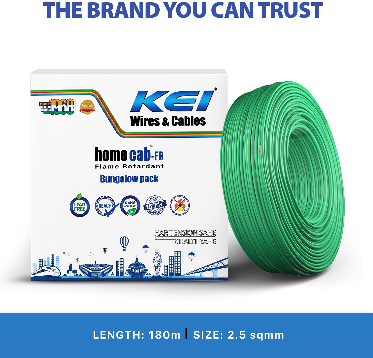 Image of KEI homecab, 99.97% Pure Copper Conductor FR PVC Insulated 2.5 sq /mm Green 180 m Wire