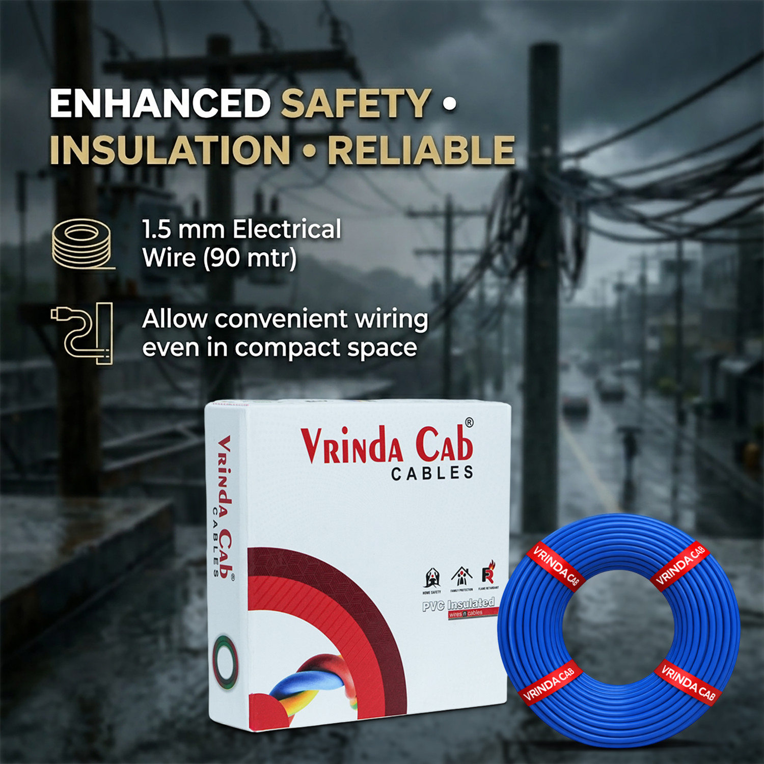 Image of VrindaCab Multi Strand House Wiring Cable | FR PVC Insulated CCA Copper Wire 1 sq /mm Blue 90 m Wire