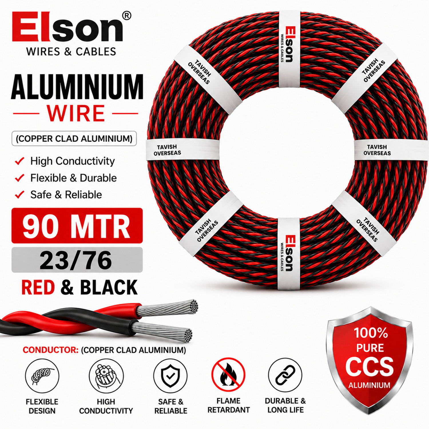 Image of CabONE 23 /76 (90 MTR) Flexible Double Core Electrical Wire Twisted Aluminium PVC Wire 0.75 sq /mm Black, Red 300 ft. Wire
