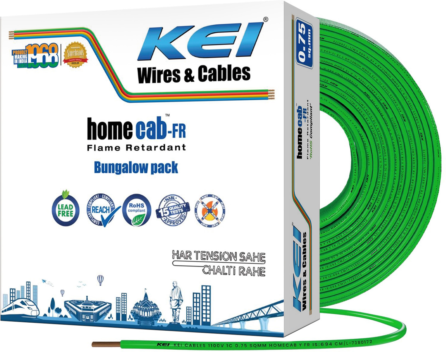 Image of KEI homecab, 99.97% Pure Copper Conductor FR PVC Insulated 0.75 sq /mm Green 180 m Wire