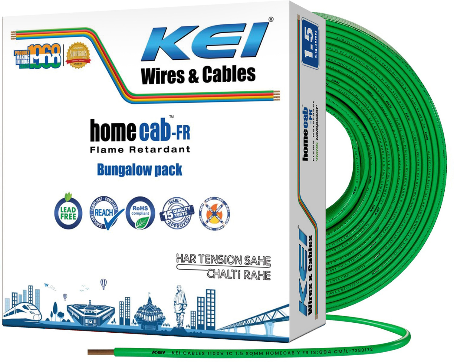 Image of KEI homecab, 99.97% Pure Copper Conductor FR PVC Insulated 1.5 sq /mm Green 180 m Wire
