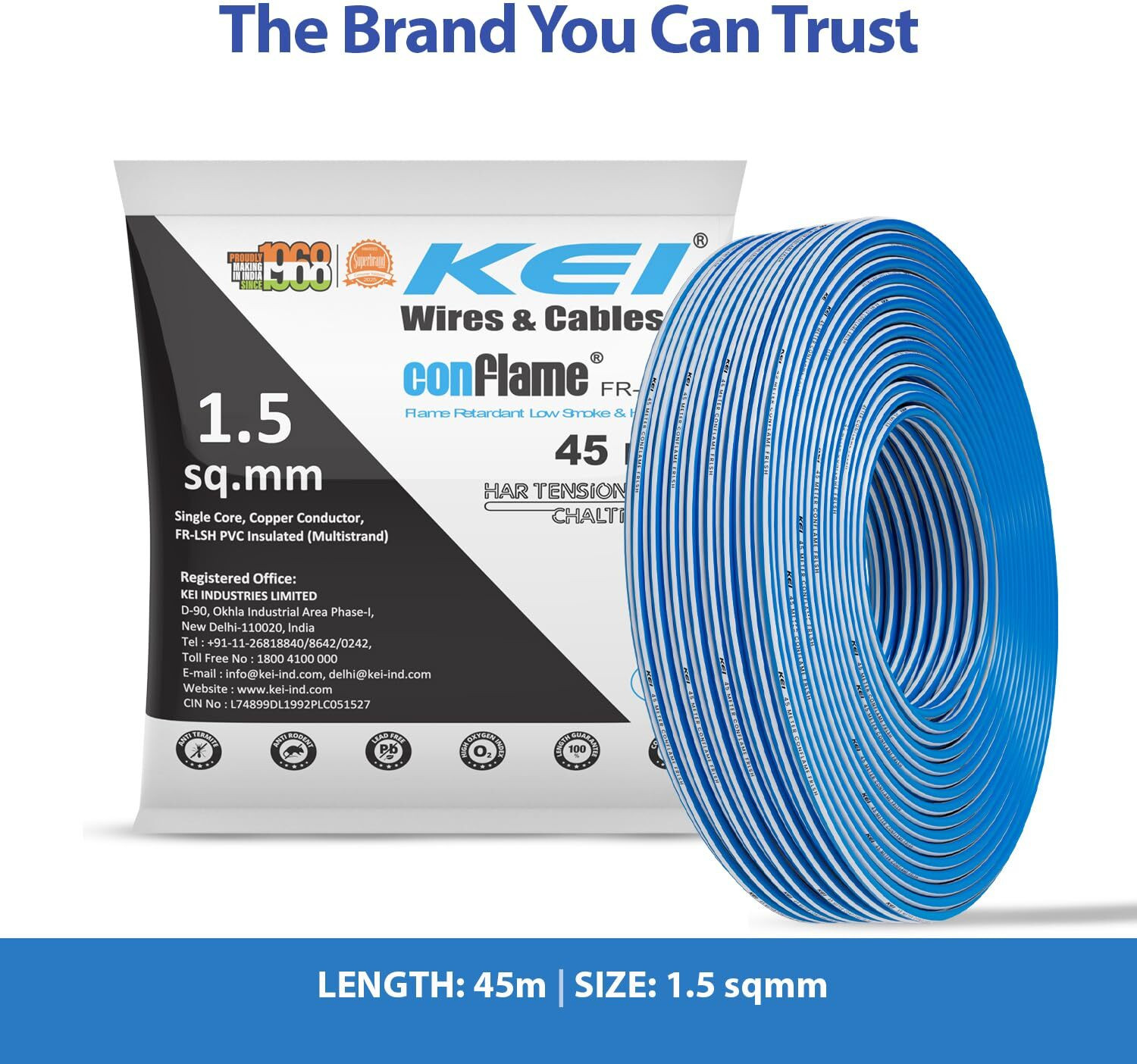 Image of KEI Conflame FRLSH,99.97% Pure Copper Conductor FRLSH PVC Insulated 1.5 Sq /mm Blue 45 m Wire