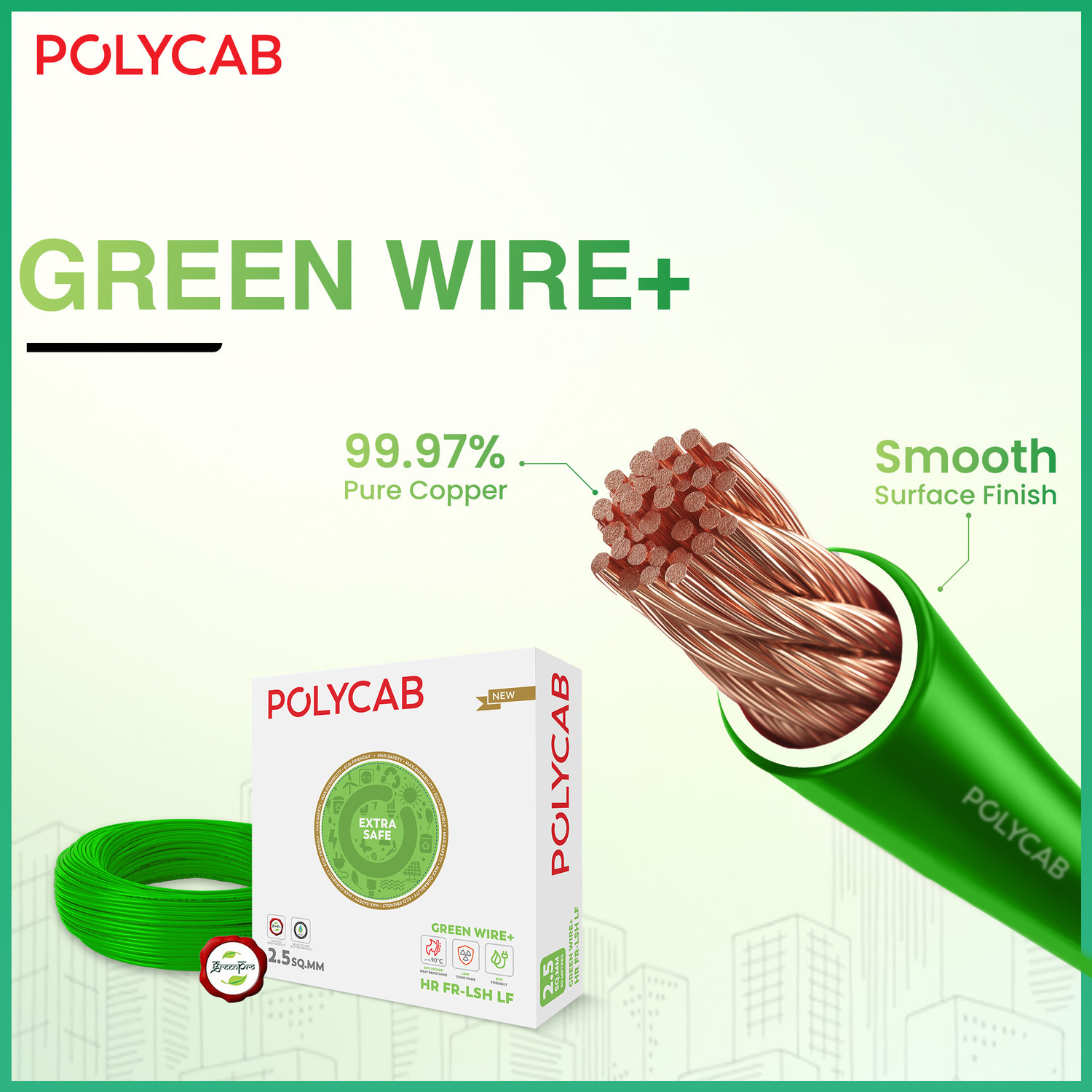 Image of Polycab Green Wire+ Heat resistant upto 900 C 99.97% high purity copper Eco friendly 1 sq /mm Red 90 m Wire