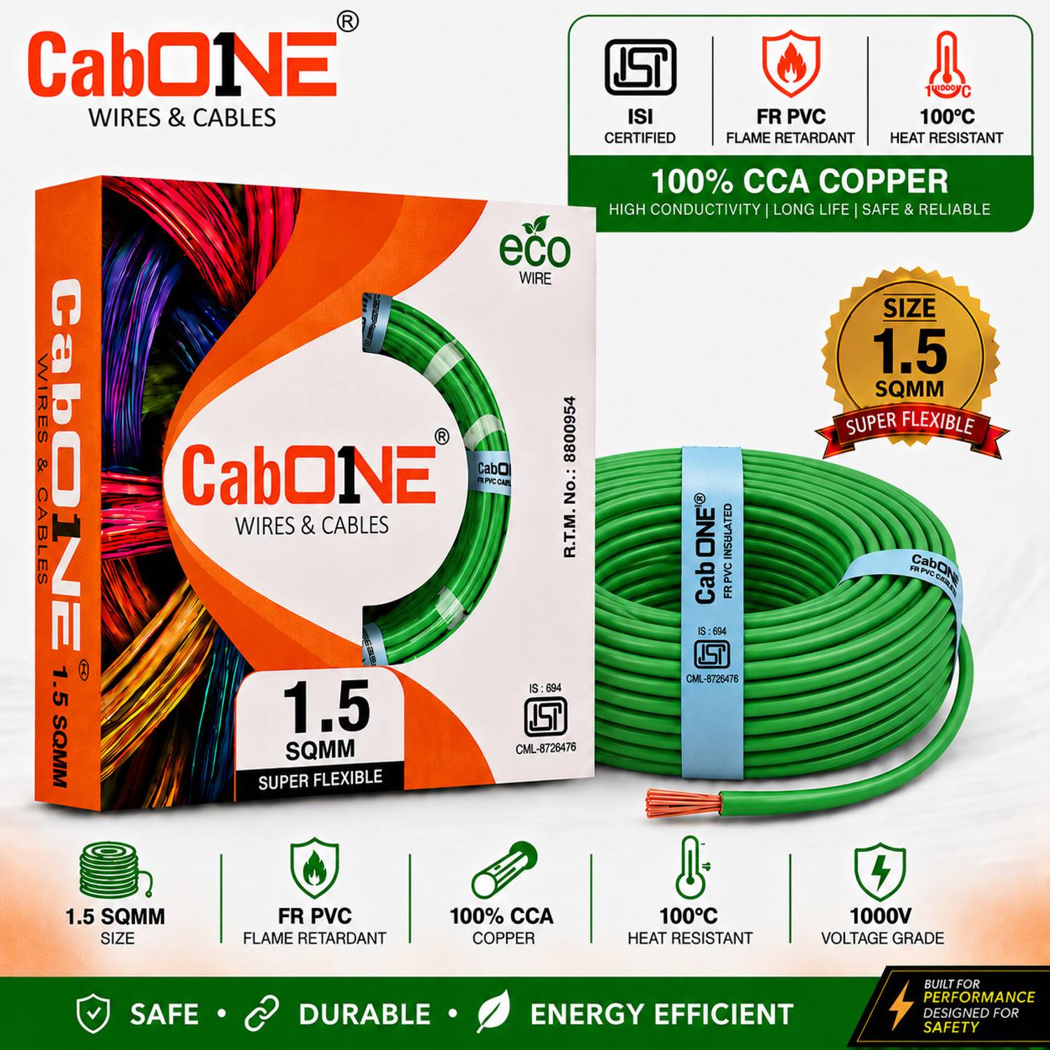 CabONE Premium Copper 1.5 mm|90m|HFFR PVC Insulated Cable|Electrical House Wiring Cable 1.5 sq/mm Green 300 ft. Wire