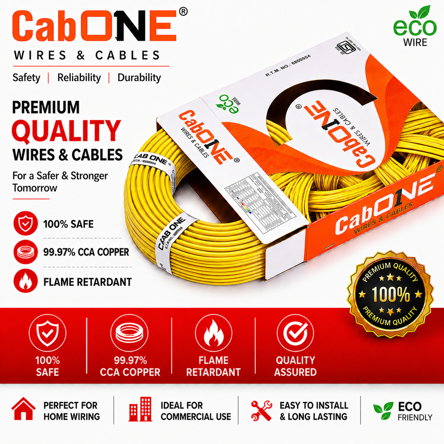 Image of CabONE Lite 2.5 Sqmm Electrical Wire|45M|Single Core|Copper|FR PVC Insulation Domestic 2.5 sq /mm Yellow 150 ft. Wire