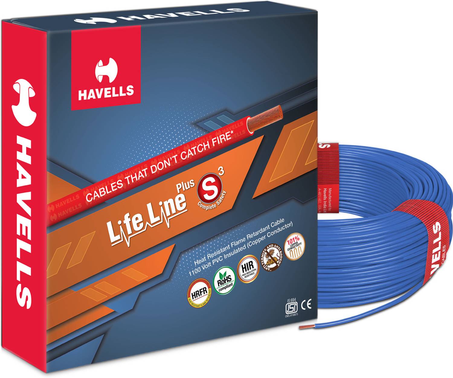 HAVELLS HRFR PVC 1 sq/mm Blue 90 m Wire - Image 1