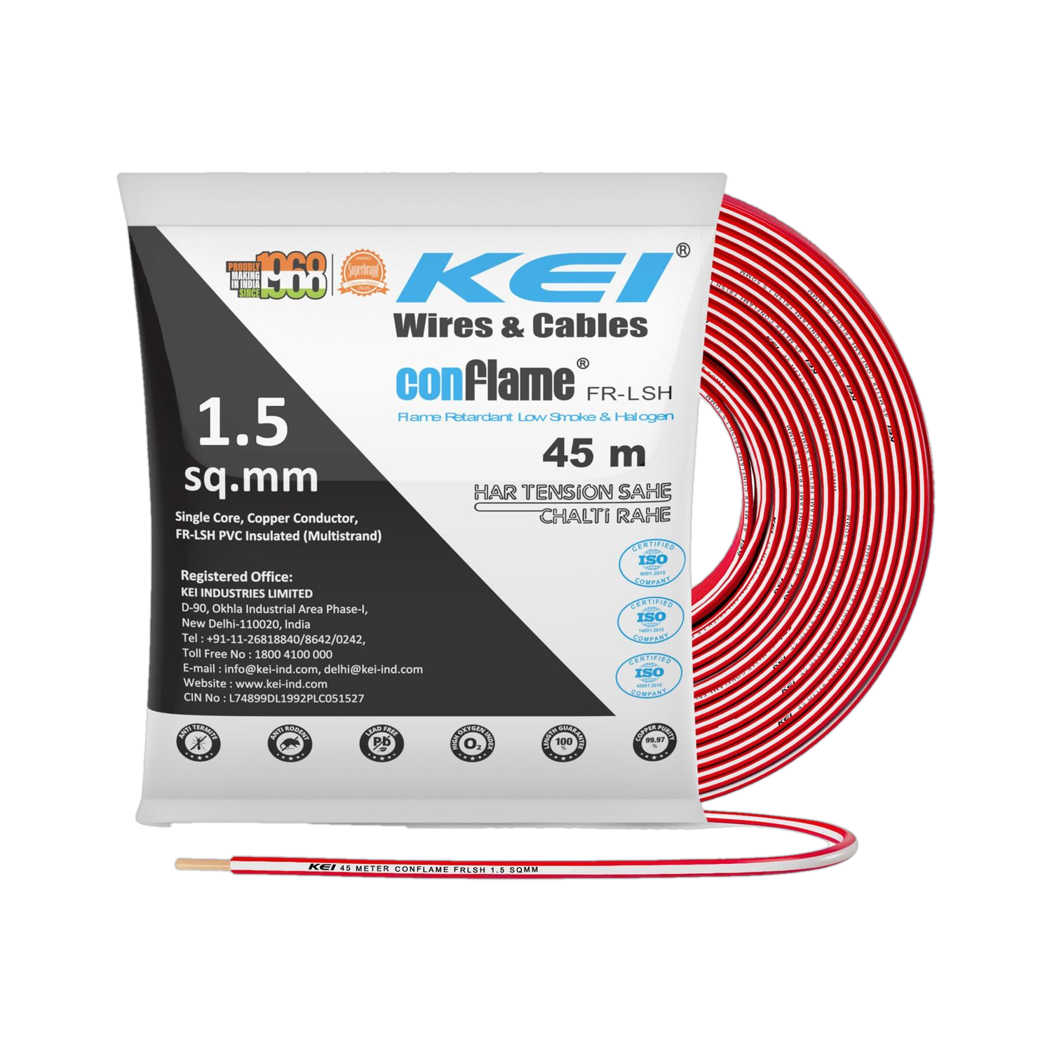 Image of KEI Conflame FRLSH,99.97% Pure Copper Conductor FRLSH PVC Insulated 1.5 Sq /mm Black 45 m Wire