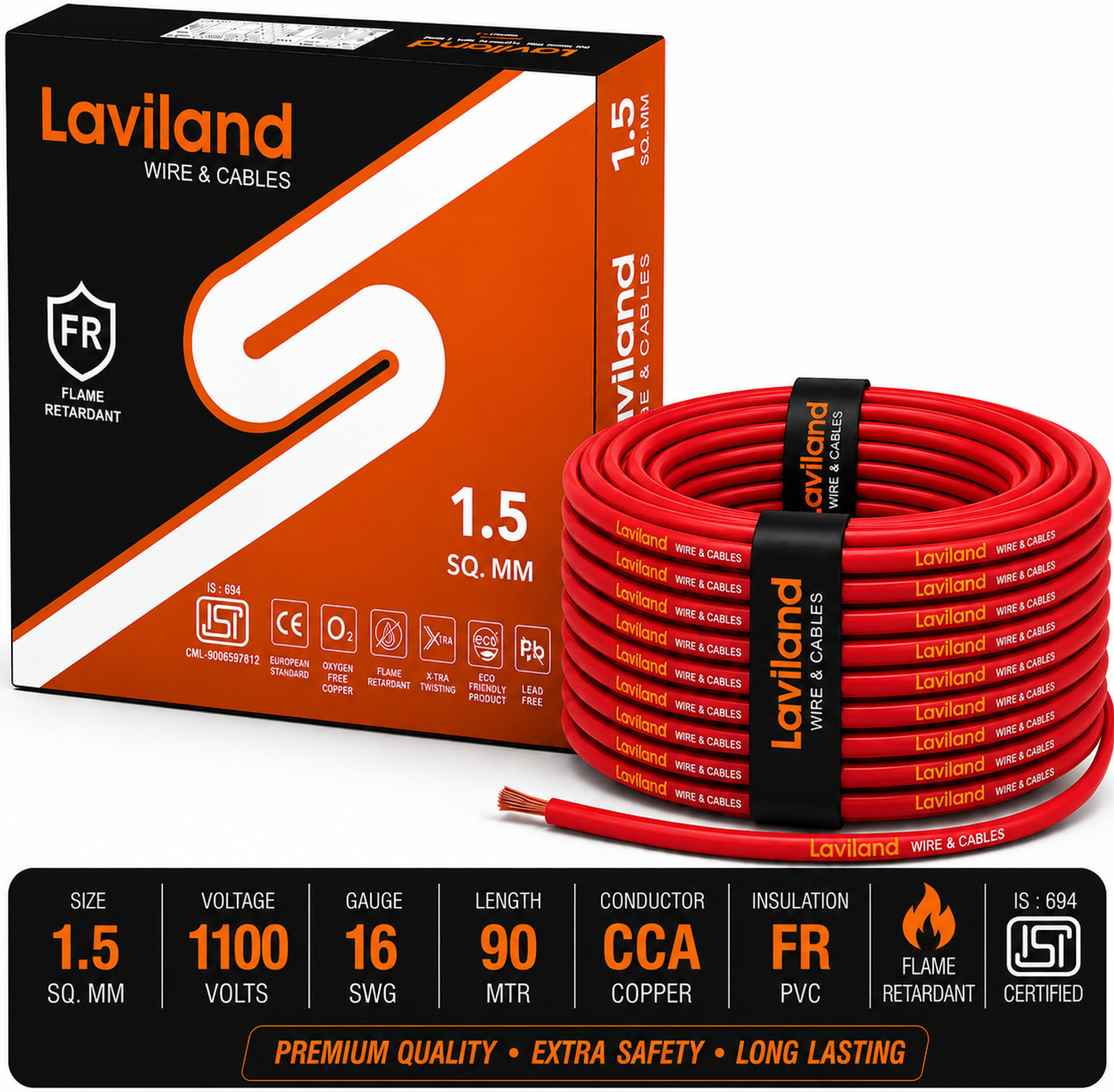 Image of Laviland 1.5 SQ MM Copper Wire | 90m | Single Core | FR PVC Insulated | Domestic 1.5 sq /mm Red 90 m Wire