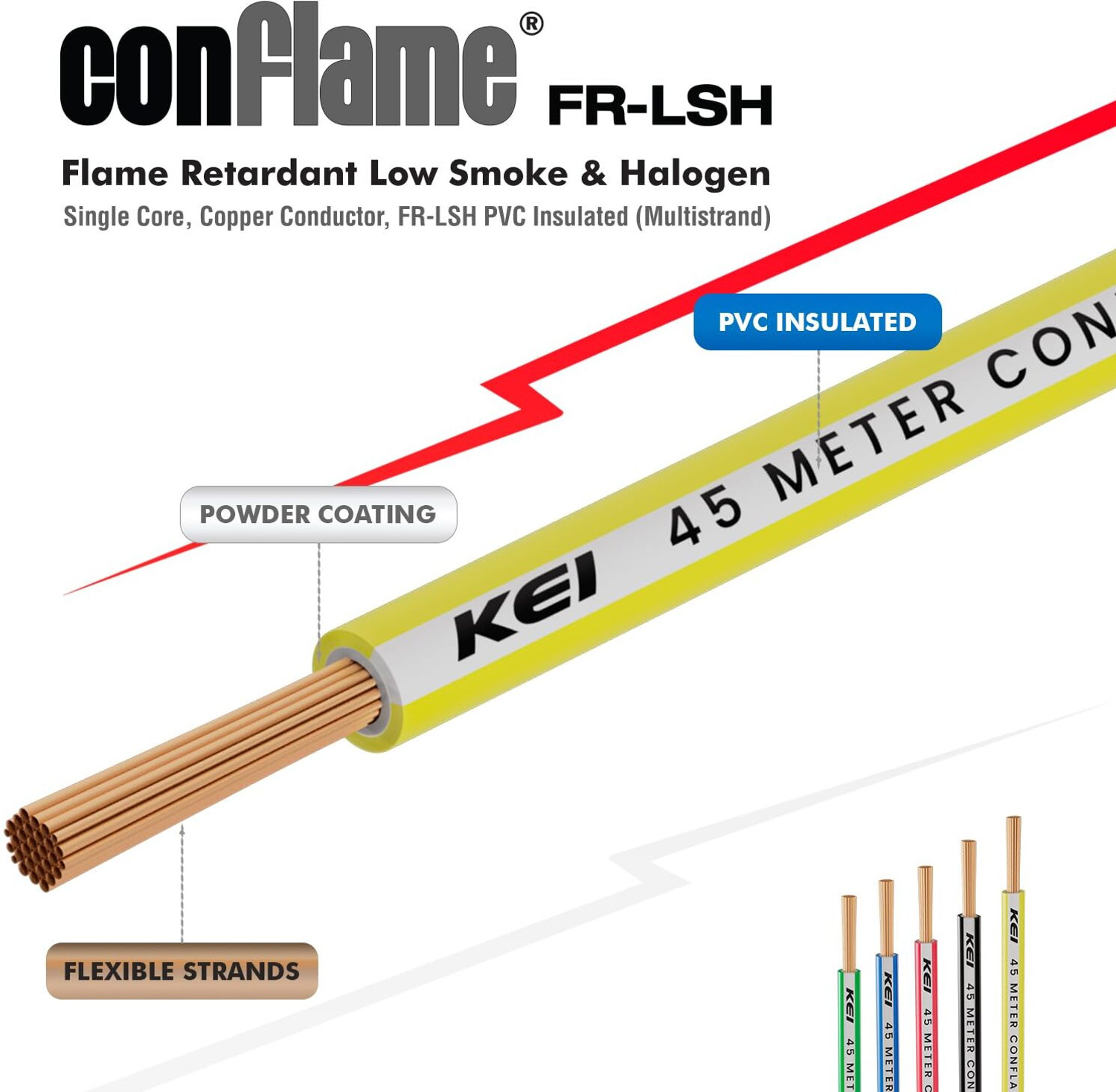 Image of KEI Conflame FRLSH,99.97% Pure Copper Conductor FRLSH PVC Insulated 2.5 Sq /mm Yellow 45 m Wire