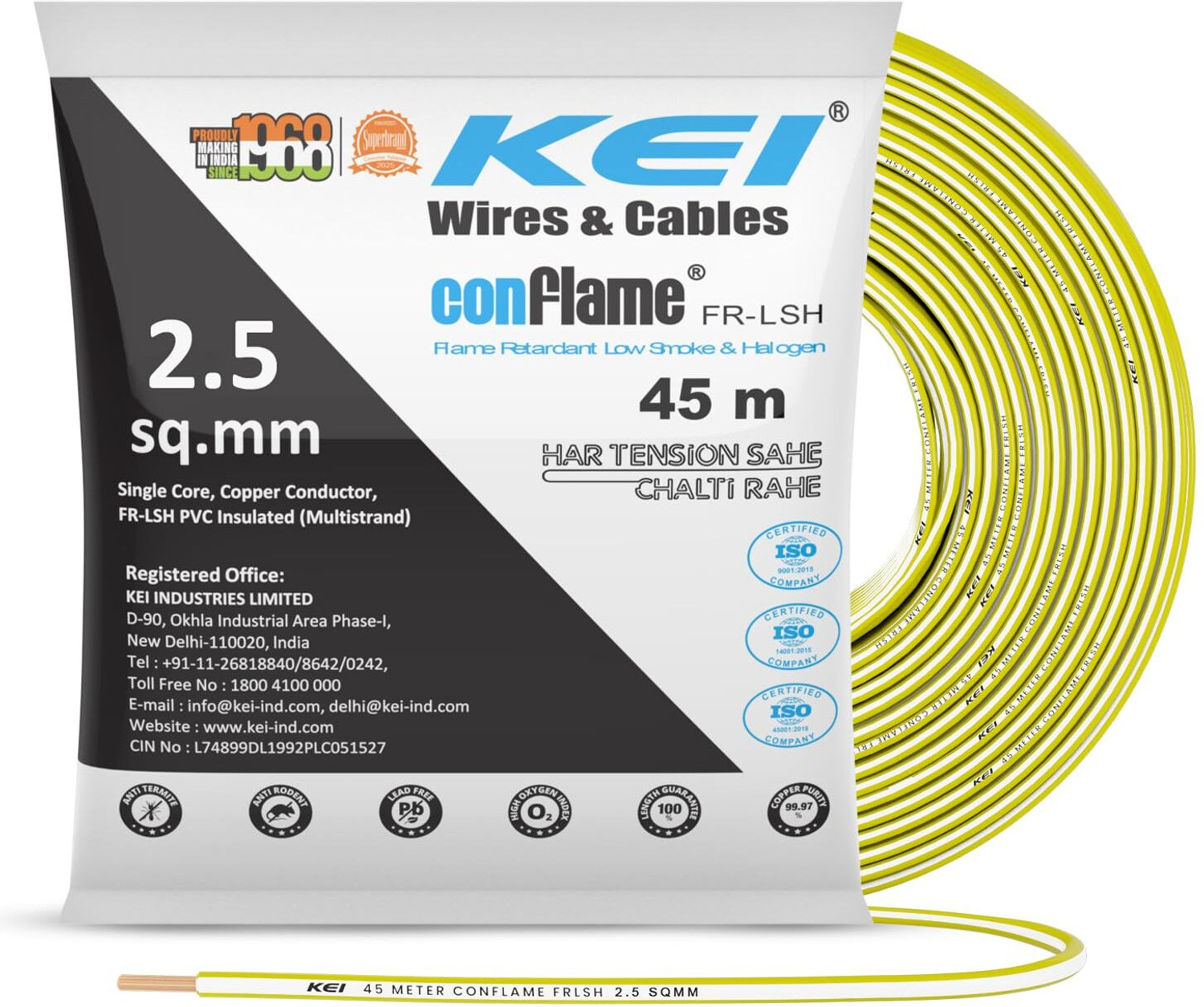 Image of KEI Conflame FRLSH,99.97% Pure Copper Conductor FRLSH PVC Insulated 2.5 Sq /mm Yellow 45 m Wire